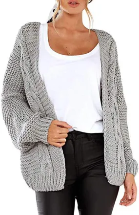 Women's Solid Color Long Sleeve Cable Knit Cardigan Sweater Open Fron Longline Chunky Sweater Jacket Outfit