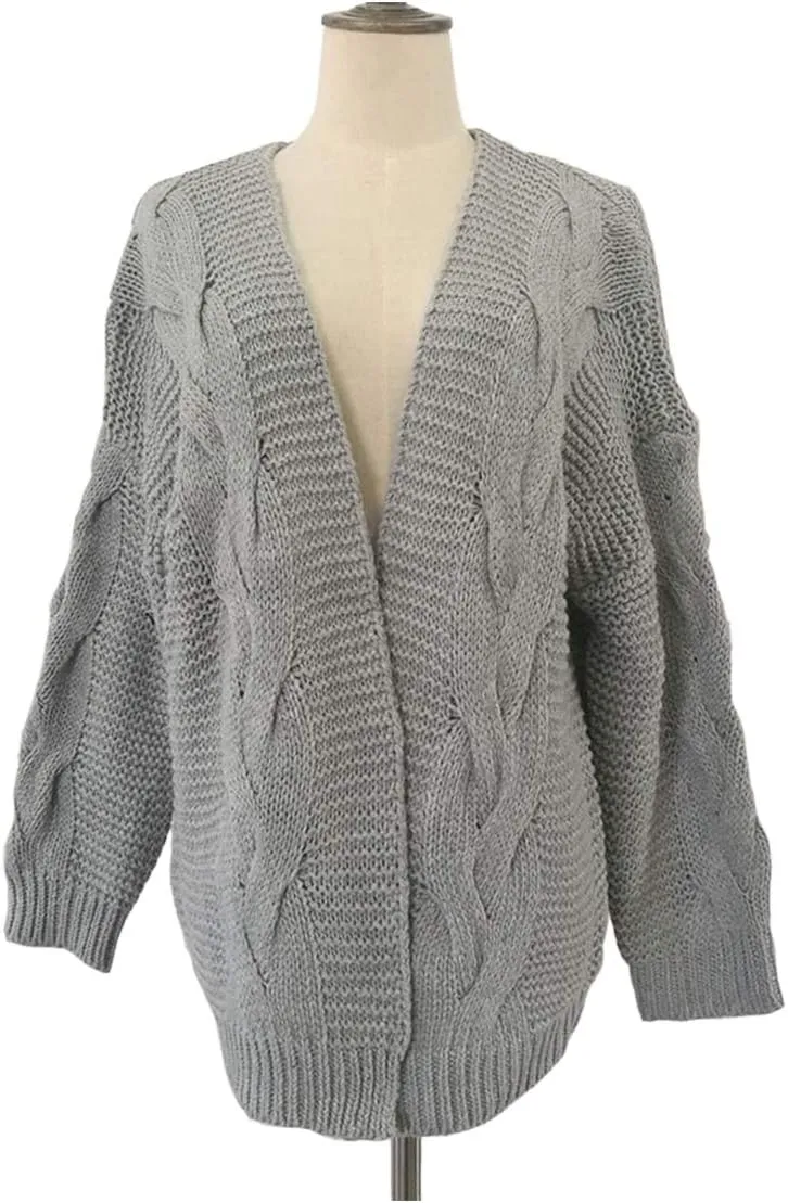 Women's Solid Color Long Sleeve Cable Knit Cardigan Sweater Open Fron Longline Chunky Sweater Jacket Outfit