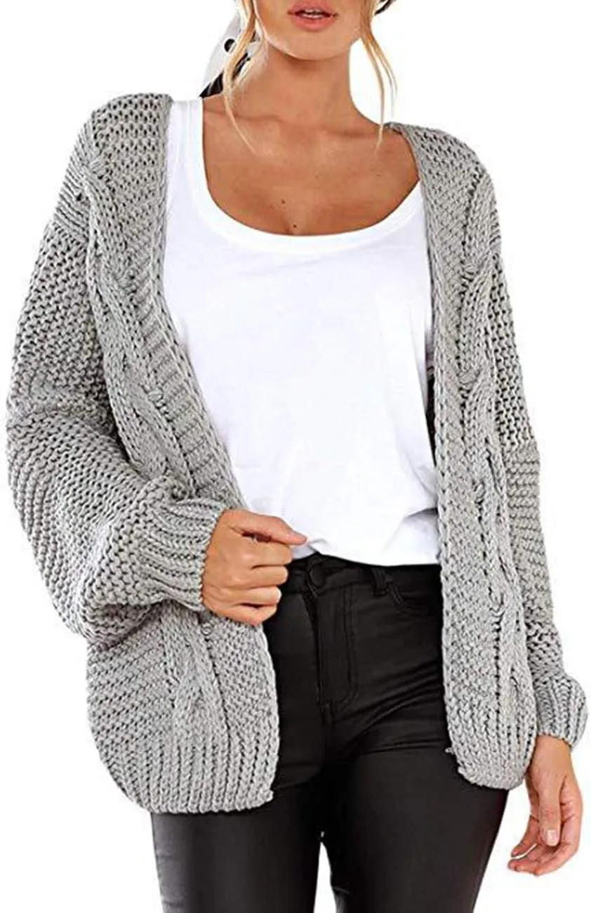 Women's Solid Color Long Sleeve Cable Knit Cardigan Sweater Open Fron Longline Chunky Sweater Jacket Outfit