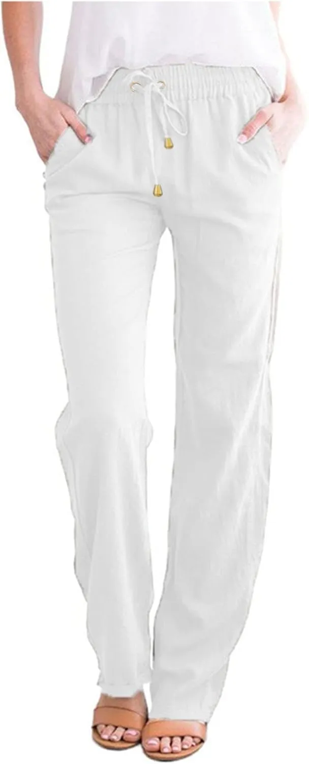 Womens Summer Linen Pants Straight Leg Drawstring Elastic High Waist Loose Comfy Trousers with Pockets