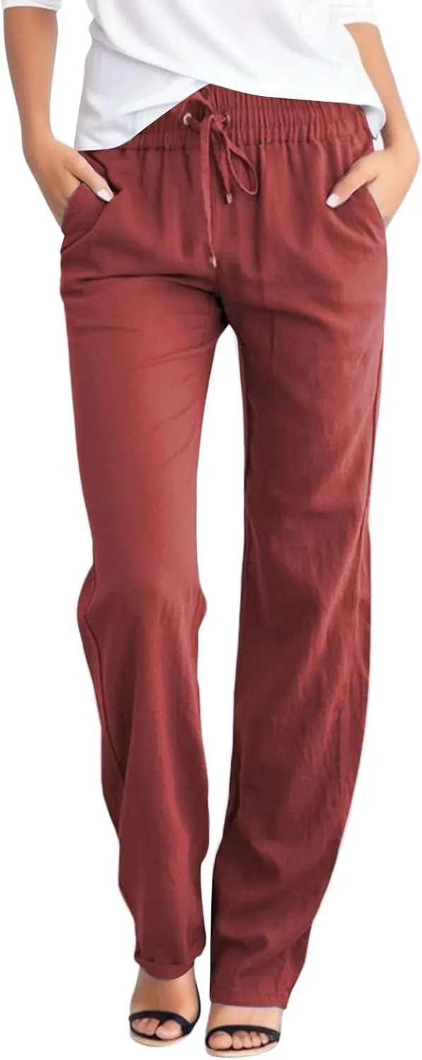 Womens Summer Linen Pants Straight Leg Drawstring Elastic High Waist Loose Comfy Trousers with Pockets