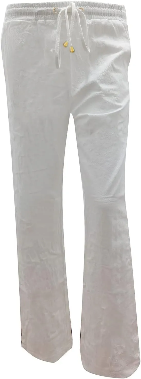 Womens Summer Linen Pants Straight Leg Drawstring Elastic High Waist Loose Comfy Trousers with Pockets