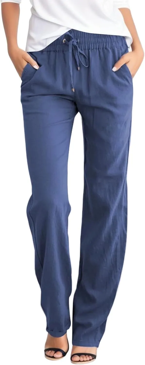 Womens Summer Linen Pants Straight Leg Drawstring Elastic High Waist Loose Comfy Trousers with Pockets