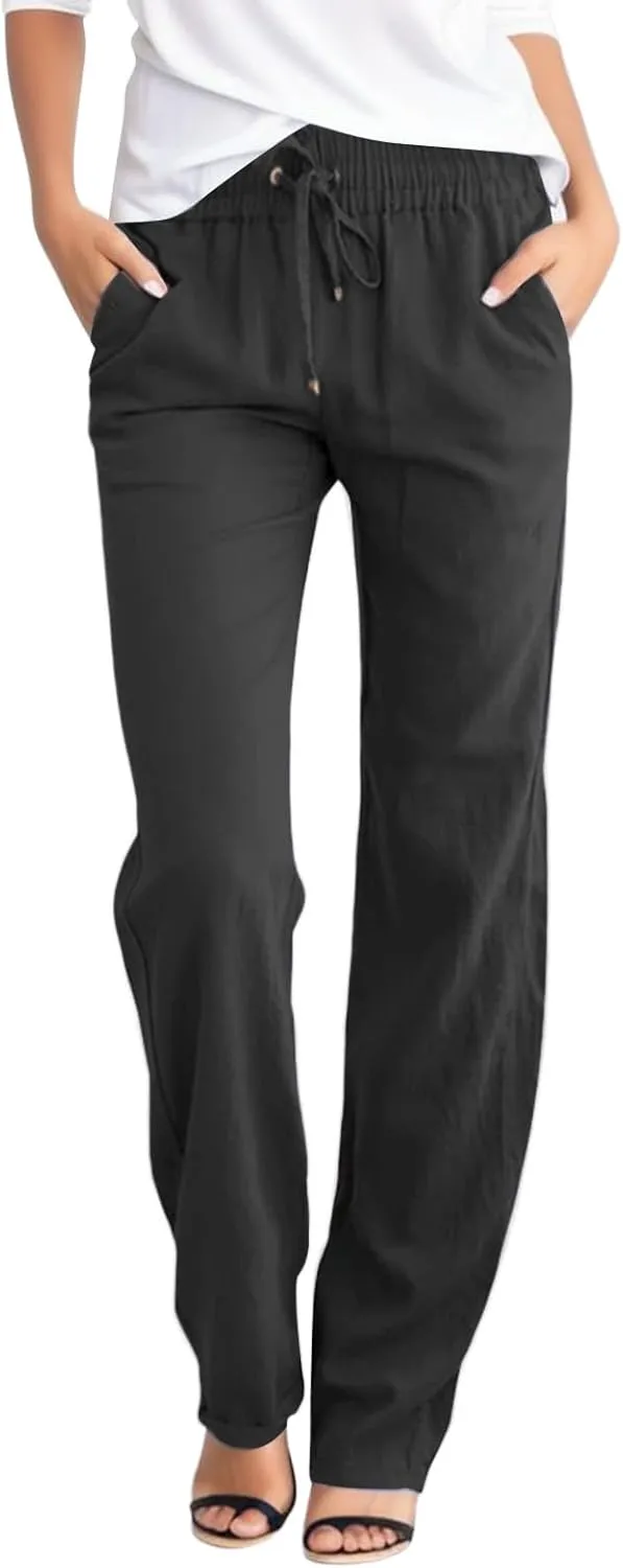 Womens Summer Linen Pants Straight Leg Drawstring Elastic High Waist Loose Comfy Trousers with Pockets