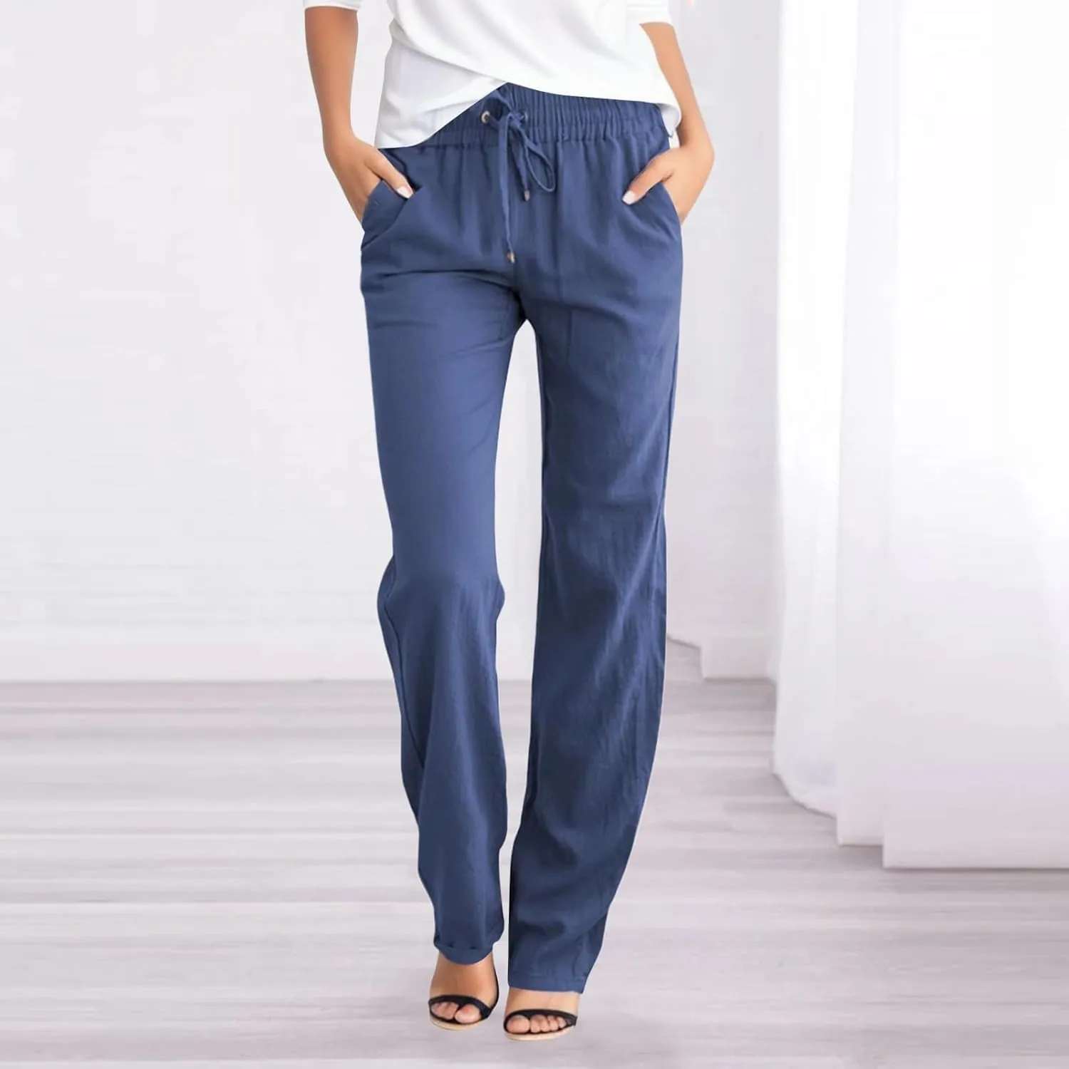Womens Summer Linen Pants Straight Leg Drawstring Elastic High Waist Loose Comfy Trousers with Pockets
