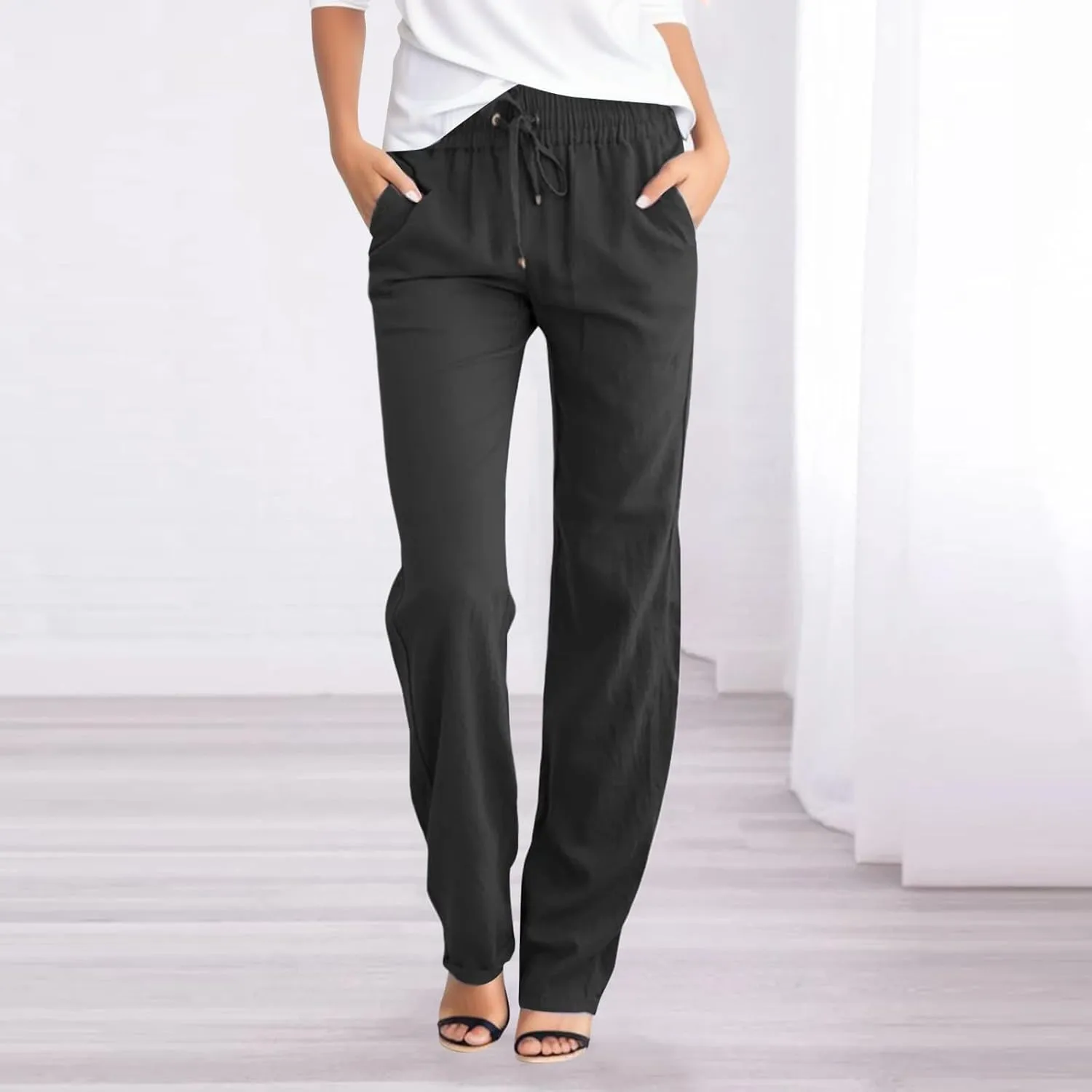 Womens Summer Linen Pants Straight Leg Drawstring Elastic High Waist Loose Comfy Trousers with Pockets