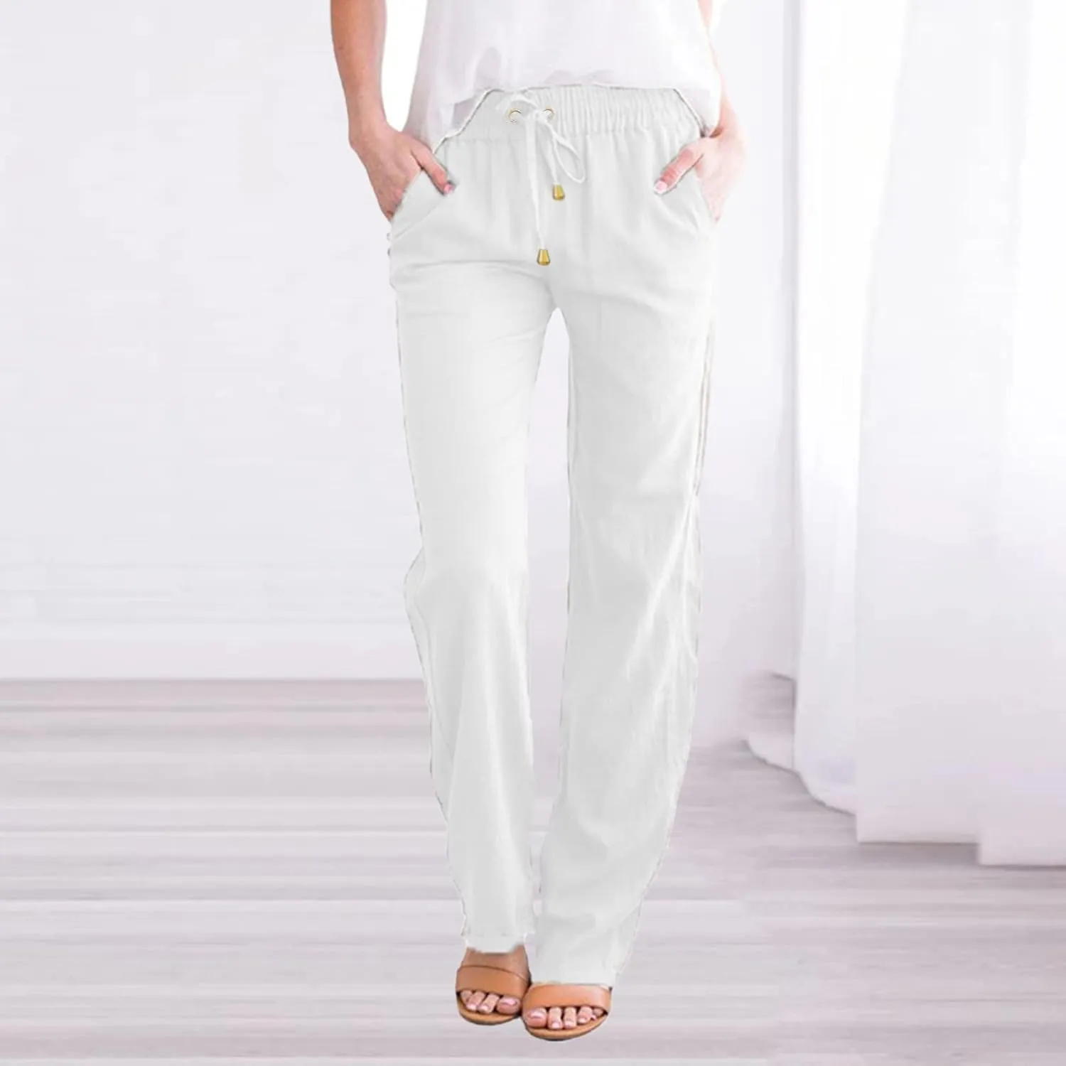 Womens Summer Linen Pants Straight Leg Drawstring Elastic High Waist Loose Comfy Trousers with Pockets
