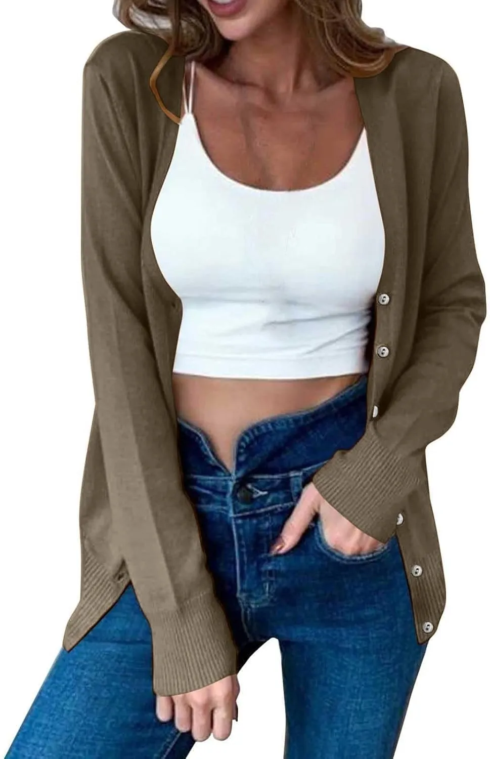 Women's V Neck Long Sleeve Cardigan Sweater Button Loose Soft Knit Sweater 2024 Fall Winter Trendy Tops