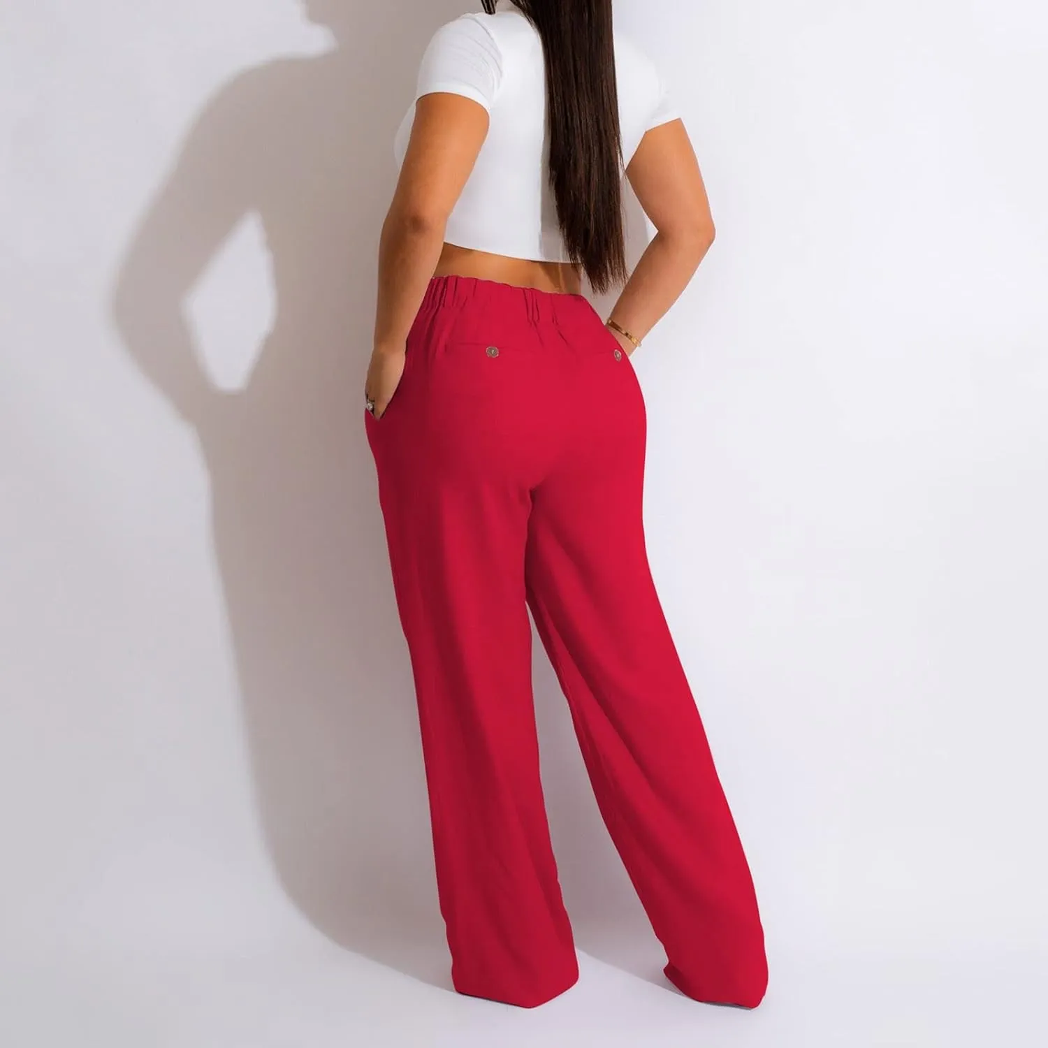 YOLAI Women Casual Solid Color Pants Summer Breathable Straight Leg Pants Flowy Business Work Trousers with Pockets