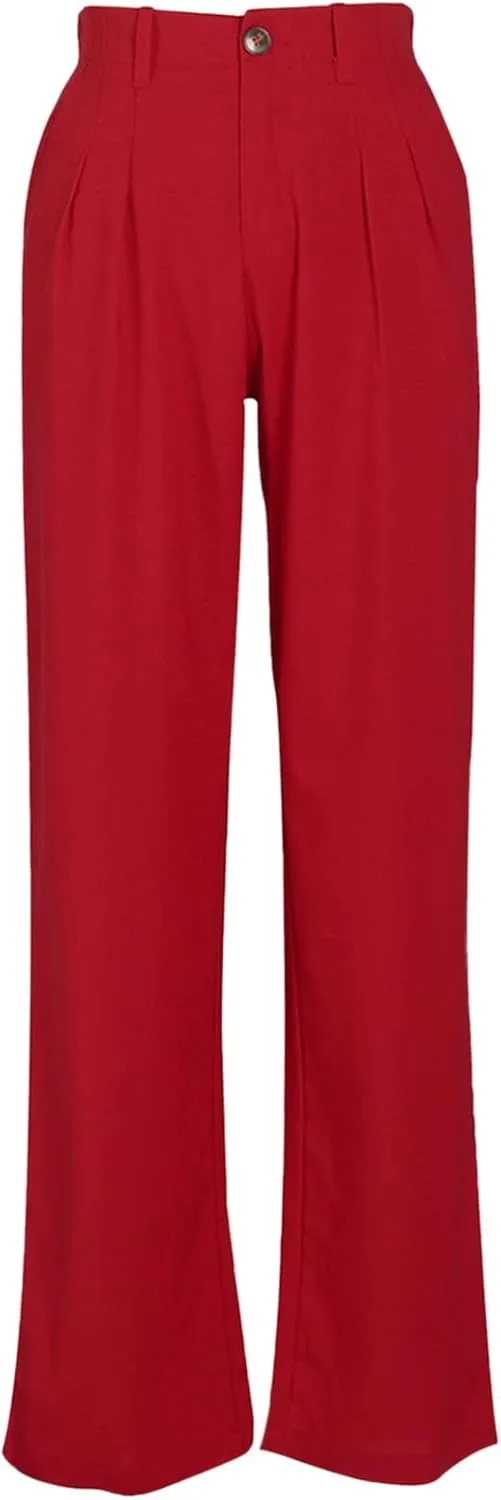 YOLAI Women Casual Solid Color Pants Summer Breathable Straight Leg Pants Flowy Business Work Trousers with Pockets