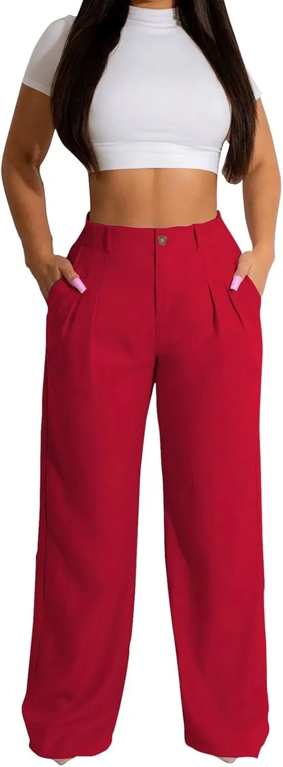 YOLAI Women Casual Solid Color Pants Summer Breathable Straight Leg Pants Flowy Business Work Trousers with Pockets