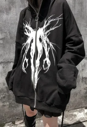 Zipper Gothic Print Oversized Hoodie