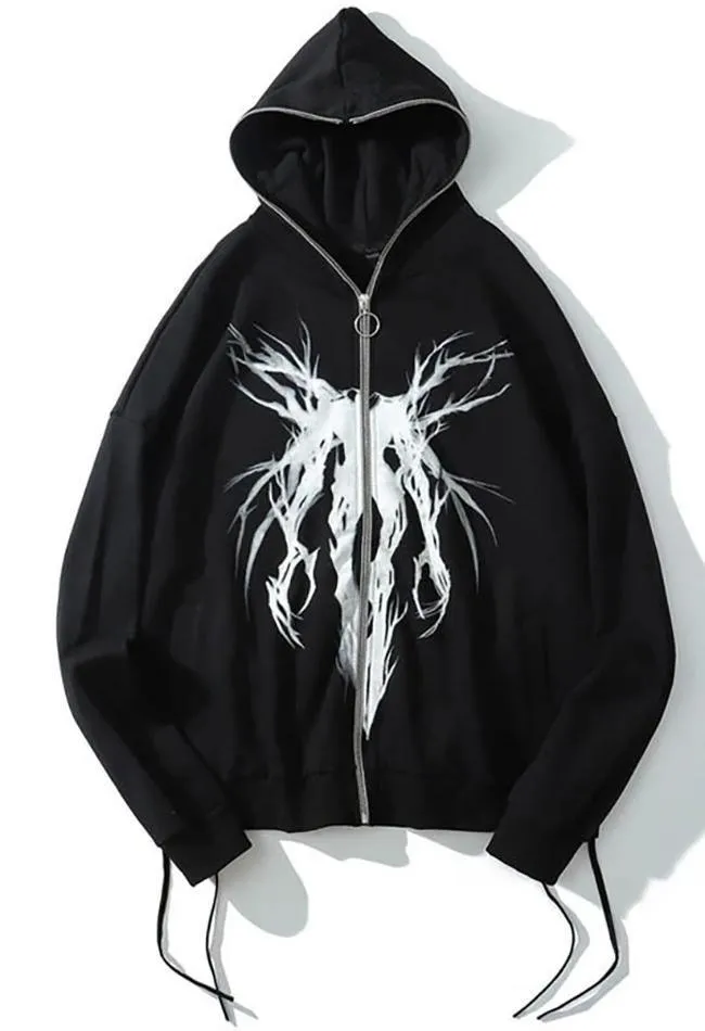 Zipper Gothic Print Oversized Hoodie