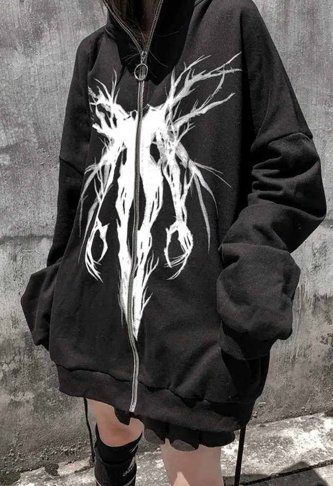 Zipper Gothic Print Oversized Hoodie